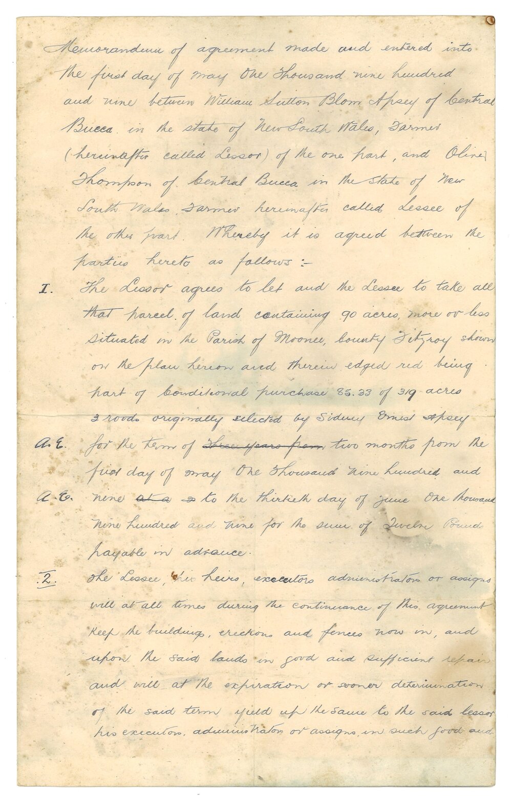 Memorandum of Agreement for a lease arrangement, 1909