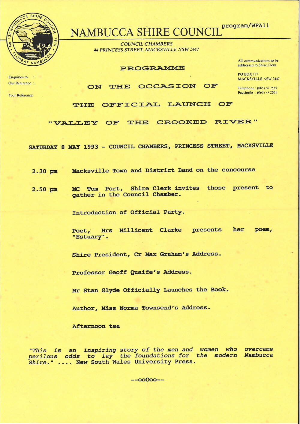 Programme for the launch of "Valley of the Crooked River"