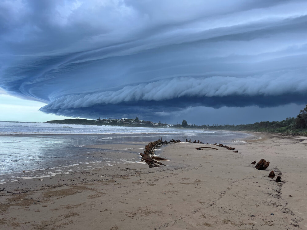 Buster under a shelf cloud, Woolgoolga Beach
