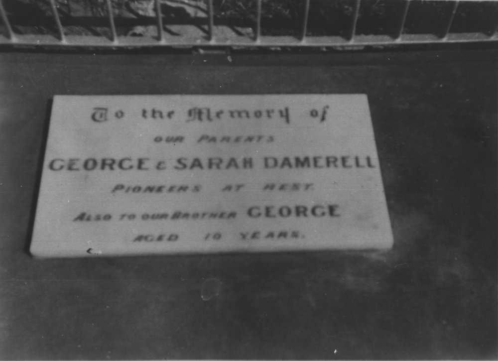 Gravestone of George, Sarah and son George Dammerel at Dammerels Head, 1955 