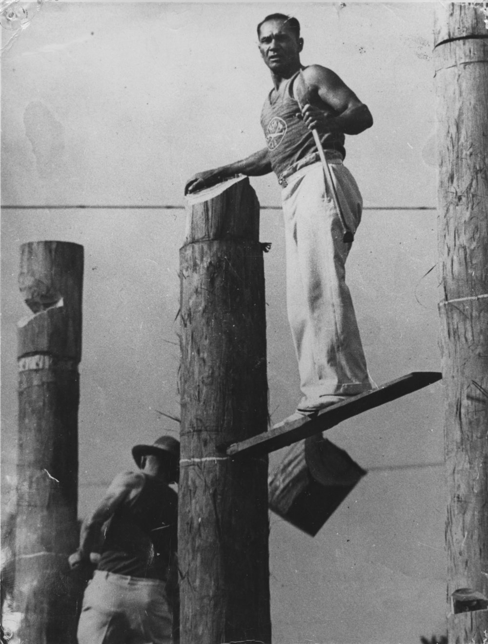 Leo Appo in the final of a woodchopping competition, 1927 