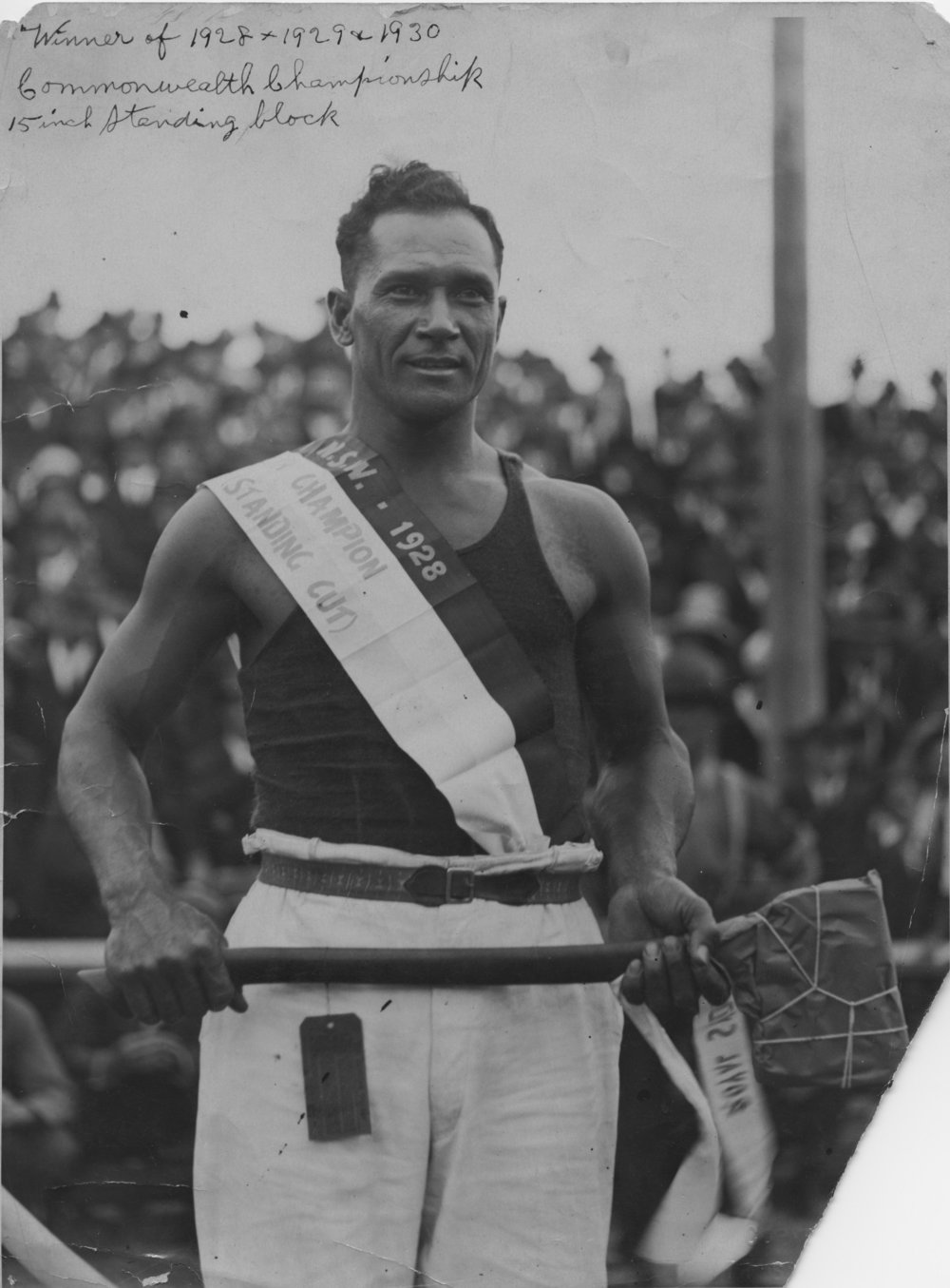 Commonwealth Champion woodchopper Leo Appo at the Royal Easter Show, 1928 