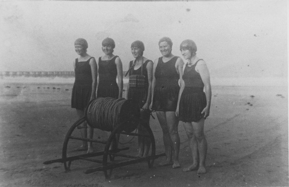 Ladies Surfbelt Rescue Team from Coffs Harbour Jetty Surf Life Saving Club on Jetty Beach, 1931 