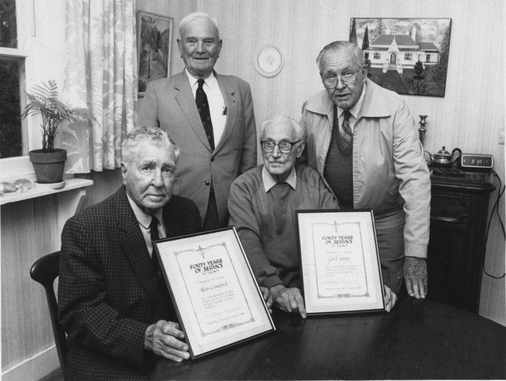 Allan Crawford and Jack Sanger receiving awards for 40 years of service to Legacy, 31 August 1990
