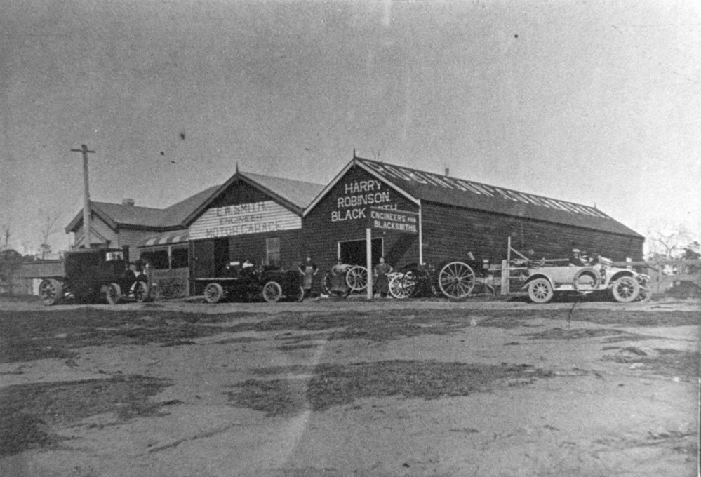 E. W. Smith Engineering works motor garage and Harry Robinson's Blacksmith workshop in Edinburgh Street, c. 1920 