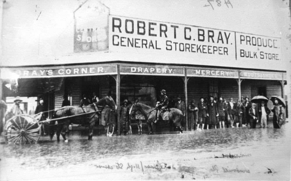 Flooding in front of Bray's Corner Store, 1914 
