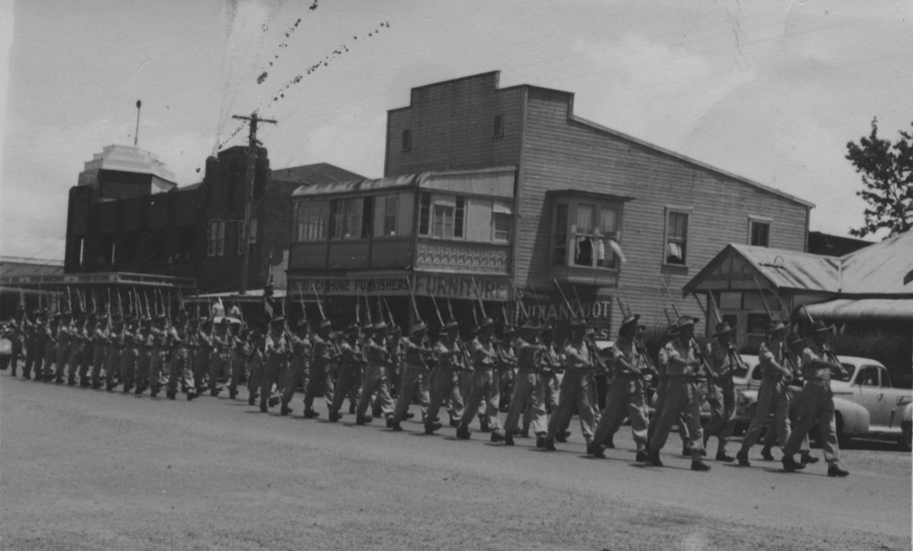 Coffs Harbour High School Cadets marching down Grafton Street, c. 1940s 