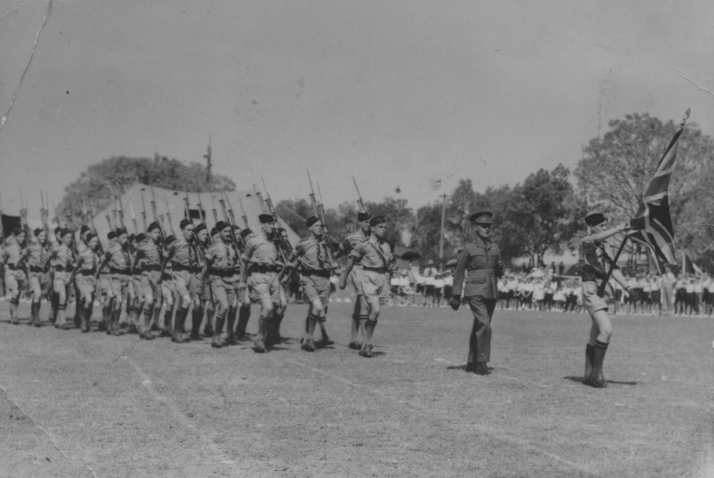 Capt. Hodge and the Coffs Harbour High School Cadet Corps on parade at Grafton Showground, 1943 or 1944 