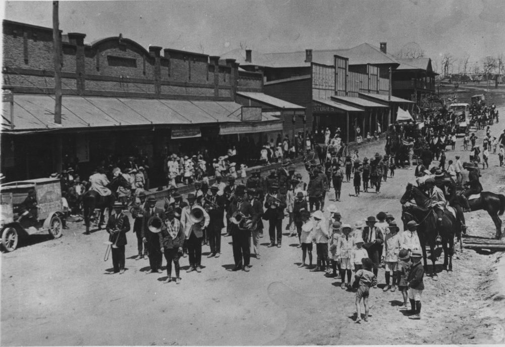 Coramba and Coffs Harbour Town Band on Ocean Street near the Jetty, 1912