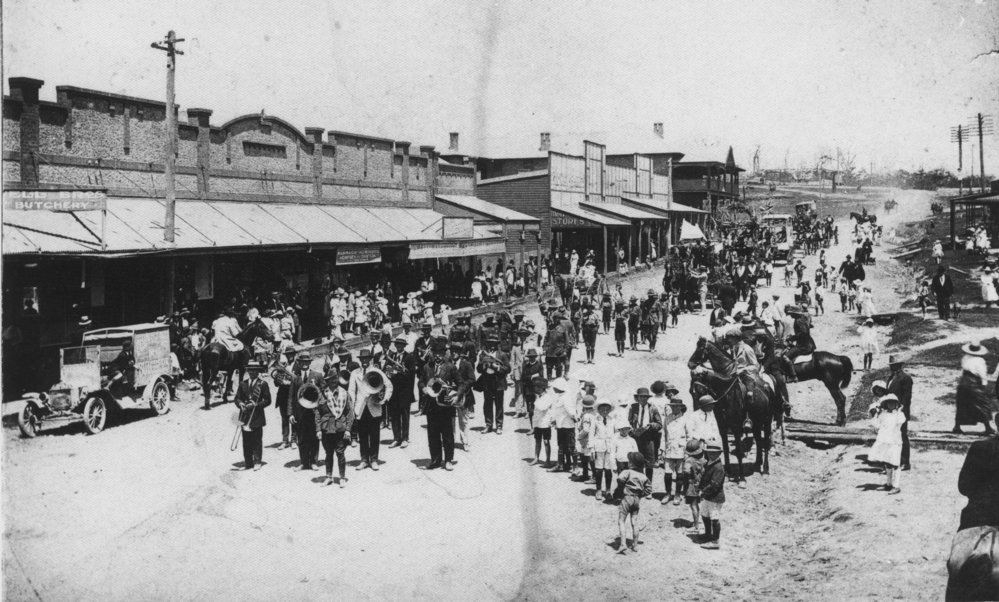 Coramba and Coffs Harbour Town Band on Ocean Street near the Jetty, 1912