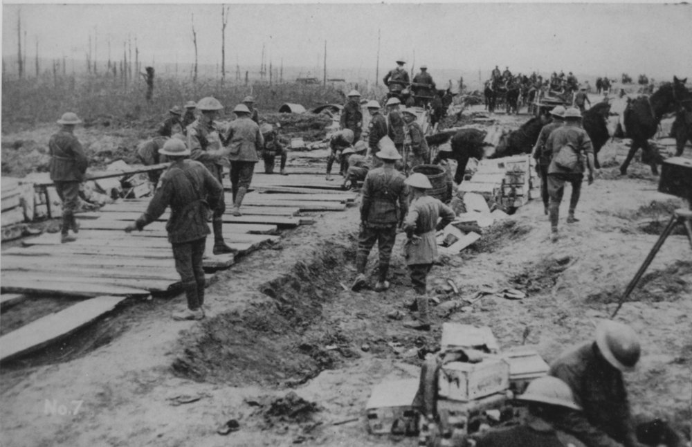 World War I Scene of soldiers and horsedrawn vehicles, 1917