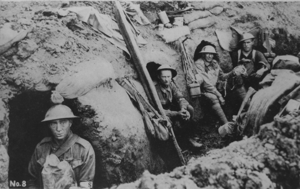 Soldiers sitting in a trench during World War I, 1917