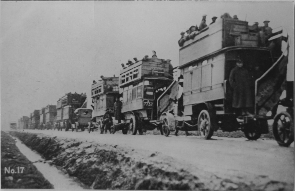 Soldiers being transported by buses during World War I, 1917