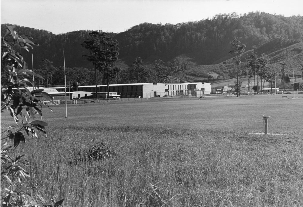 View from Tyalla Primary School towards Orara High School's second oval and school buildings, 2 July 1977