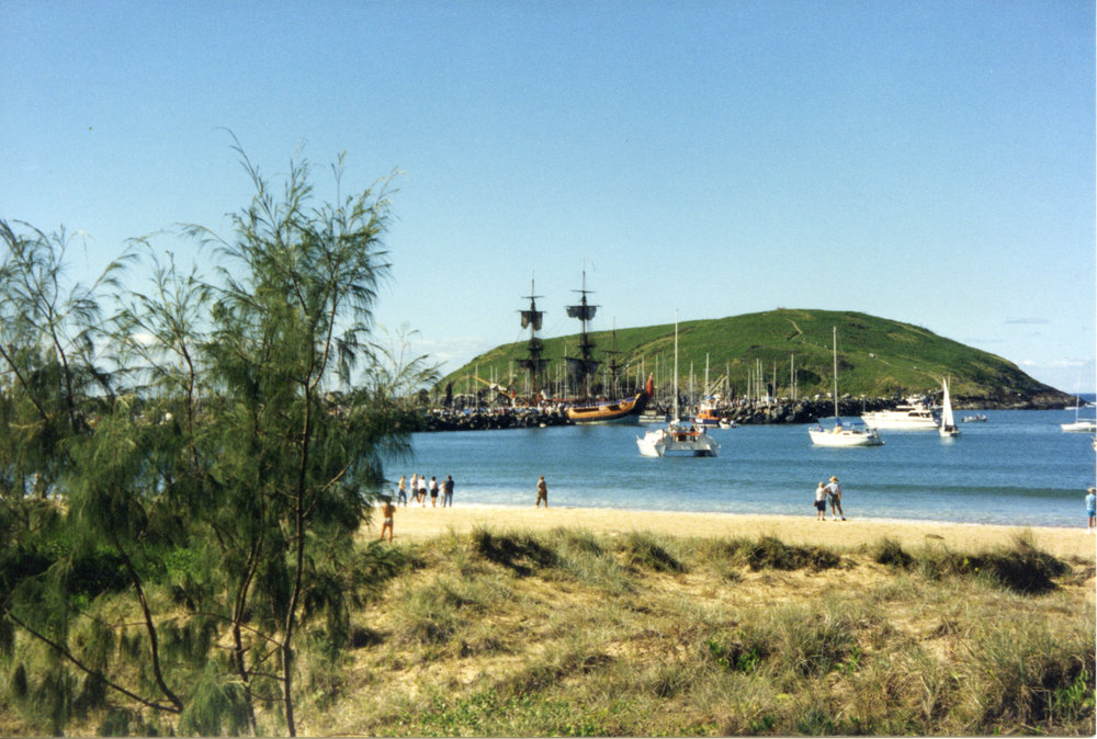 The replica of James Cook's HMB Endeavour entering the marina, 1988 