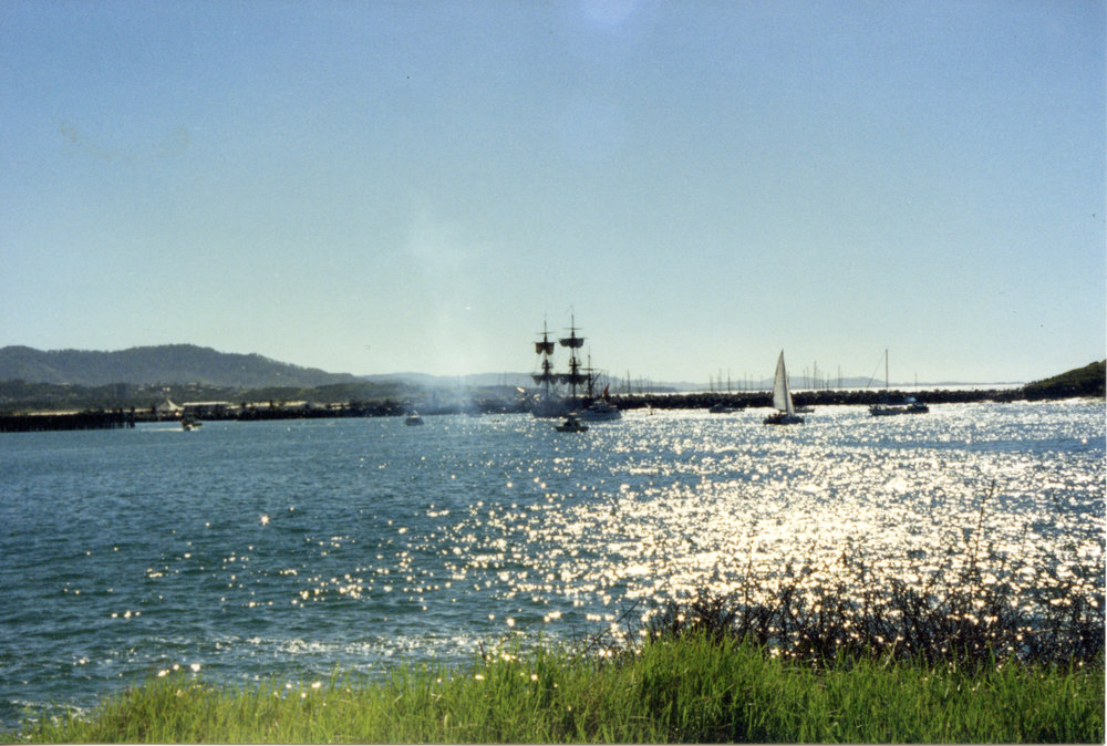 Watching from Corambirra Point as the replica of James Cook's HMB Endeavour sails in, 1988 
