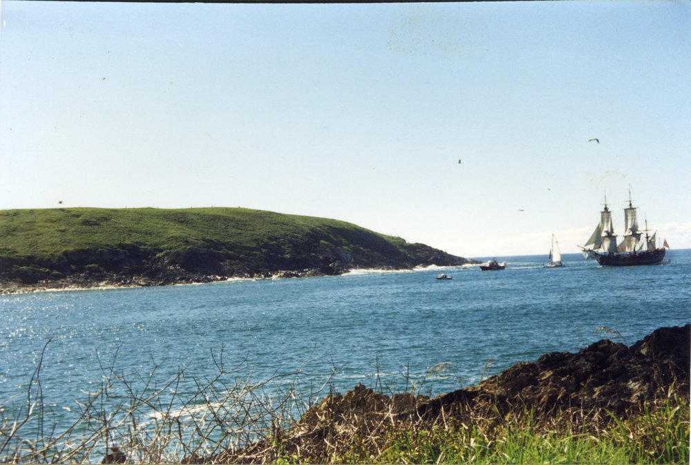 The replica of James Cook's HMB Endeavour entering the harbour, 1988 