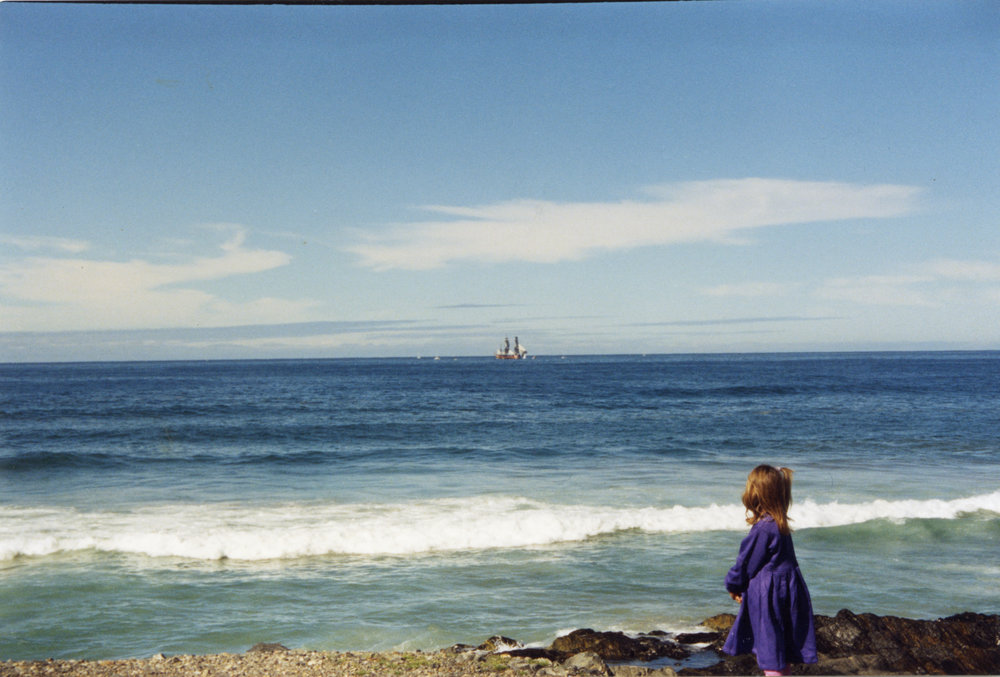 The James Cook's HMB Endeavour replica heading towards the harbour, 1988 