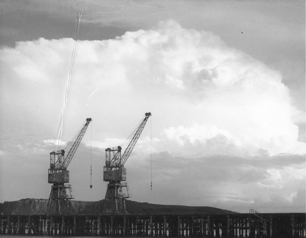 Two Stothert and Pitt cranes on Coffs Harbour Jetty, c.1980