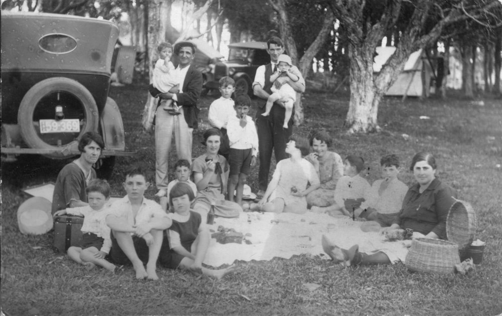 Lowery and Malouf families picnicking at Bonville Reserve, c.1927