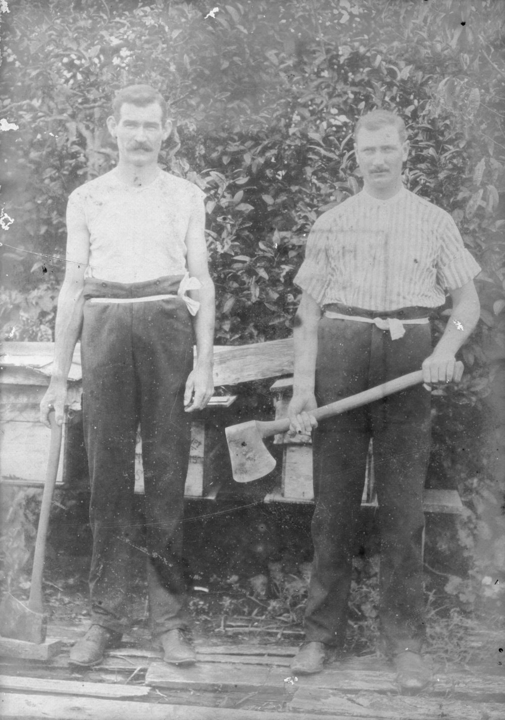 W. Reedy and Fred Eaves after a woodchopping competition, c.1910 ...