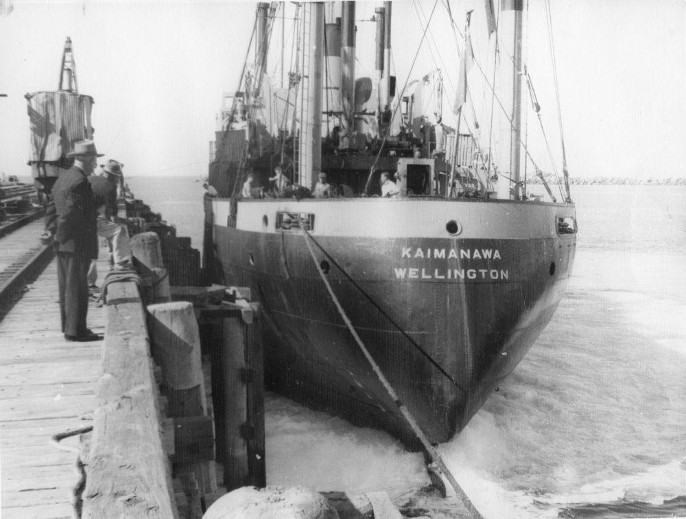 Retired Harbourmaster William Brodie looking over the SS Kaimanawa at Coffs Jetty, c. 1950