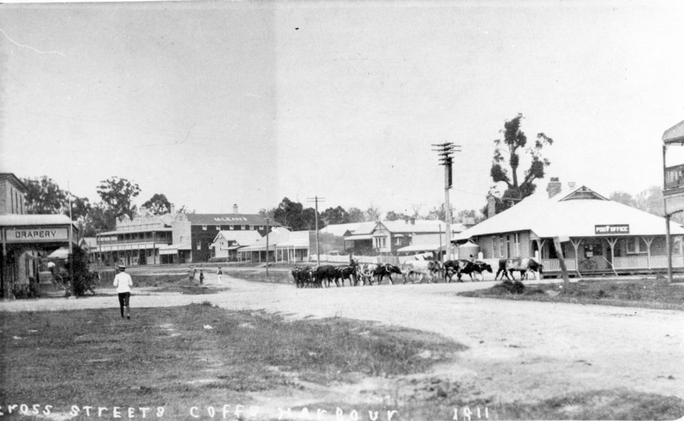 Bullock team at the Post Office corner of High Street and Grafton Street, 1911 