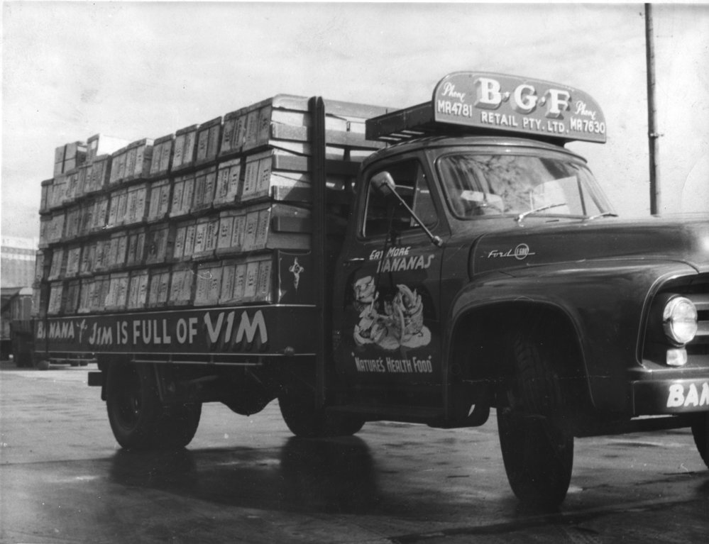 A fully laden Banana Growers Federation truck, c.1955