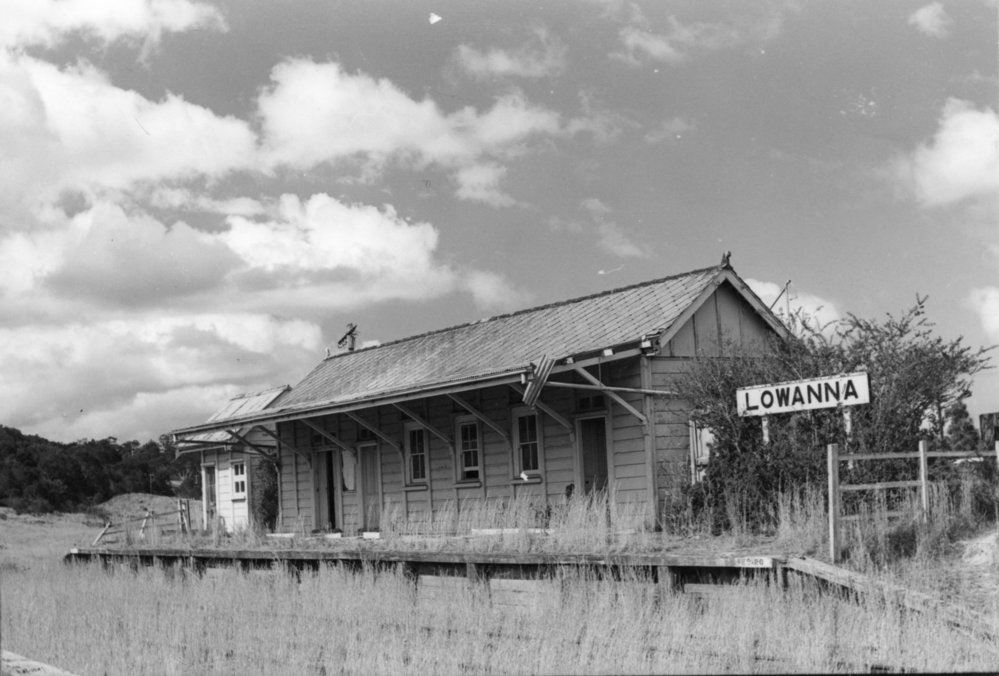 The abandoned Lowanna Railway Station with overgrown tracks, 1990