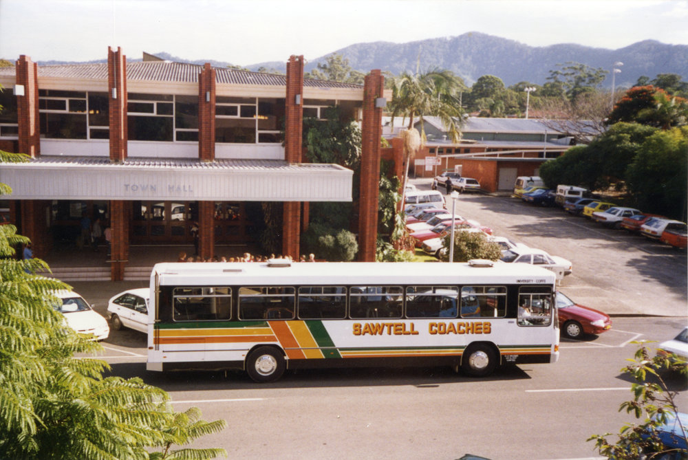 Town Hall and a Sawtell Coaches bus, 1995 