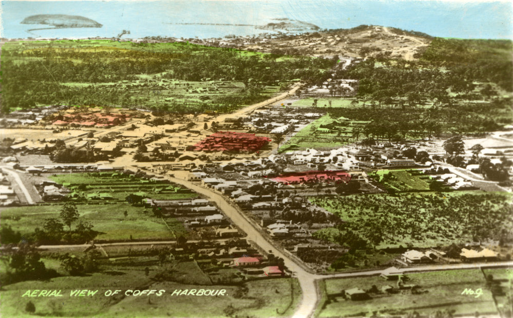 Aerial view of the township and harbour islands, c.1940