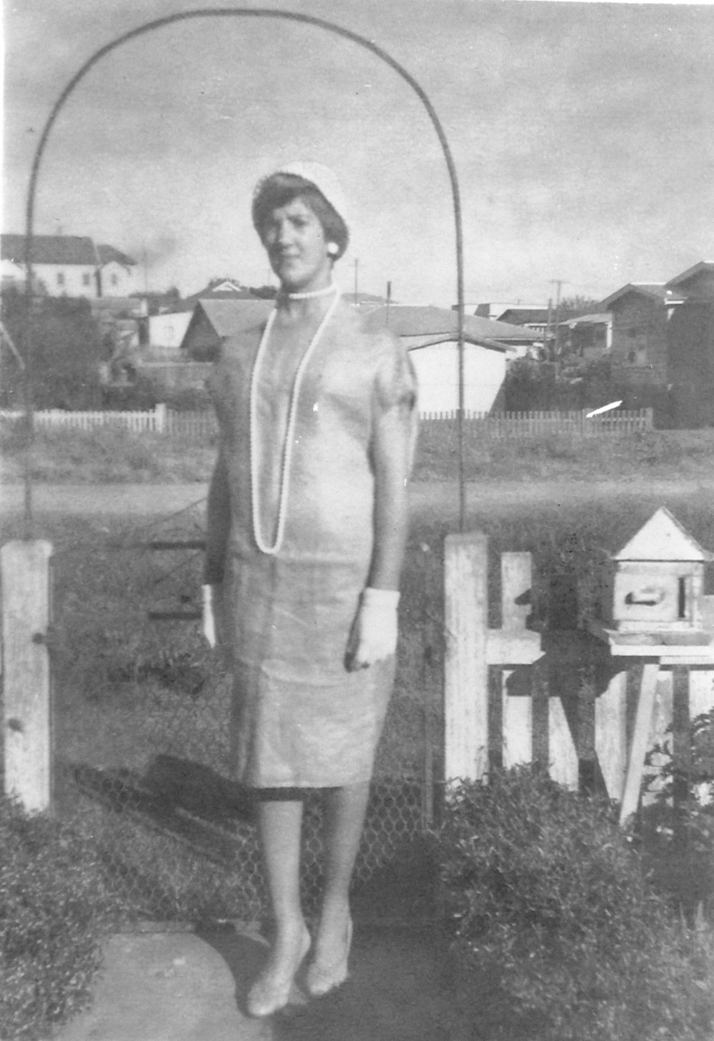 Denise Platts in a potato sack dress, Coffs Harbour Jetty, late 1958 or early 1959