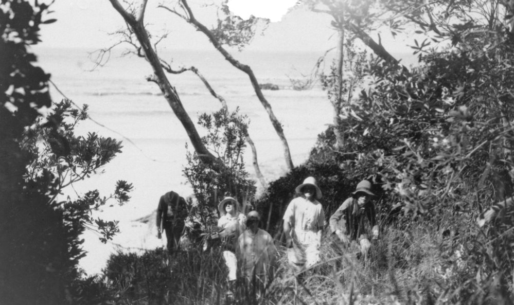 Walking through the scrub on Boambee Headland, c. 1925