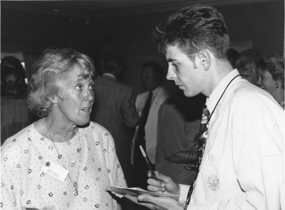 Wendy Hall with an interviewer, c. 1970