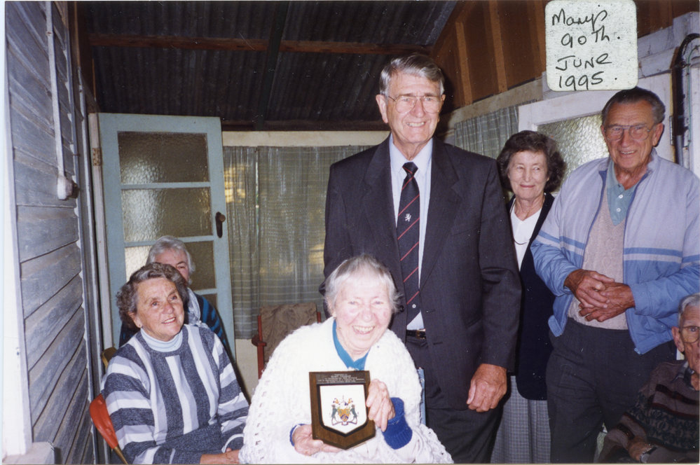 Mayor John Smith presenting a plaque to Mary Thomas on her 90th birthday, June 1995