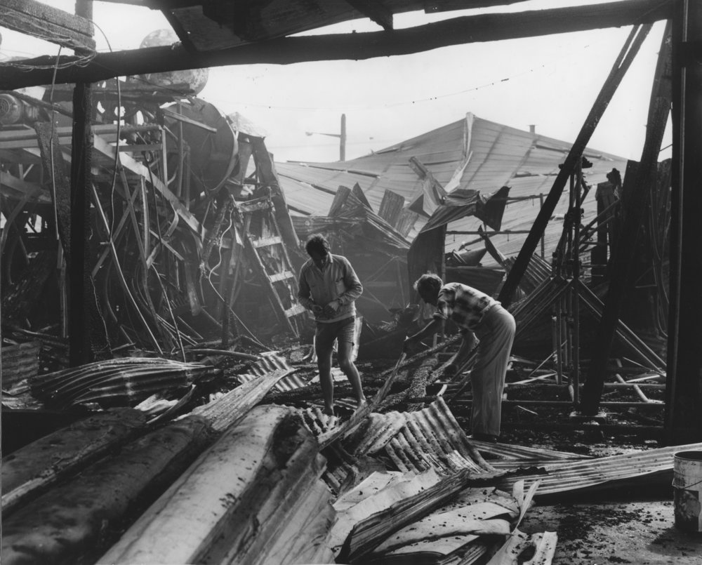 Fire damage to the Pacific Plywood factory at the Jetty, 5 June 1971