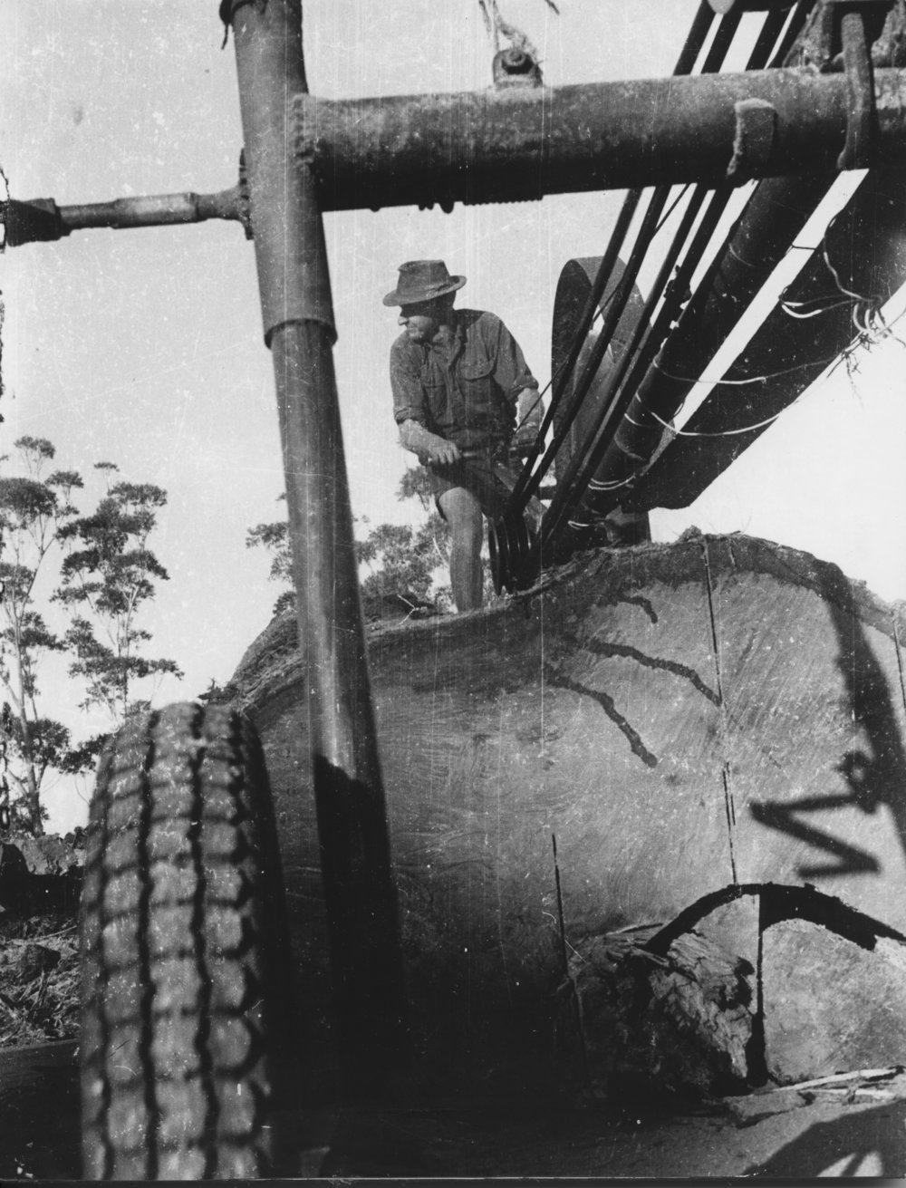 Bruce Goodenough operating a swingsaw in a bush sawmill, 1968