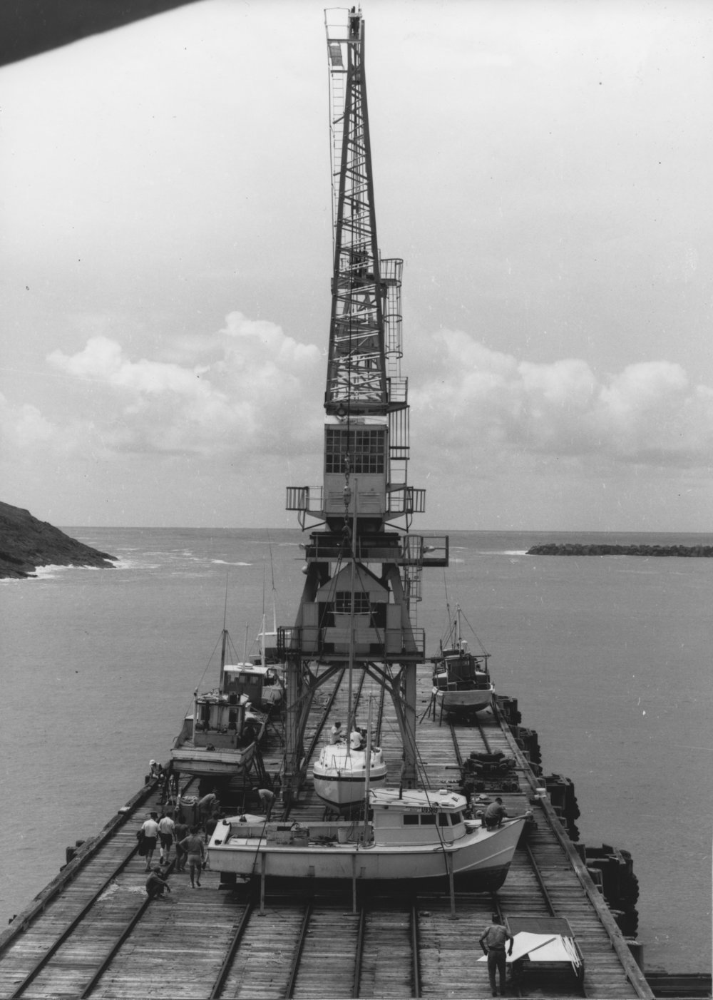 Fishing boats on the Jetty preparing for a survey by maritime engineers, 11 February 1972