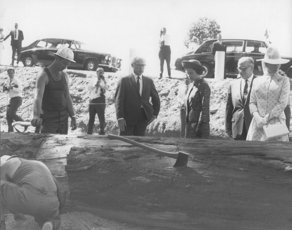 The Queen and Princess Anne watch the logging in Bruxner Park, 11 April 1970
