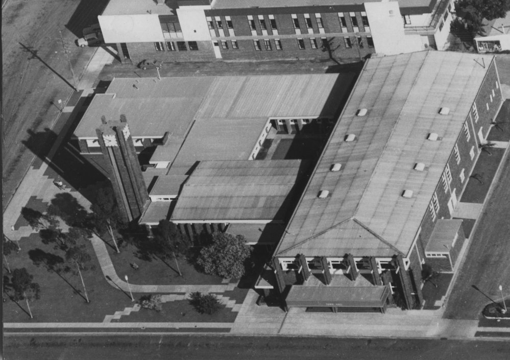 Aerial view of the Civic Centre, 1 March 1970