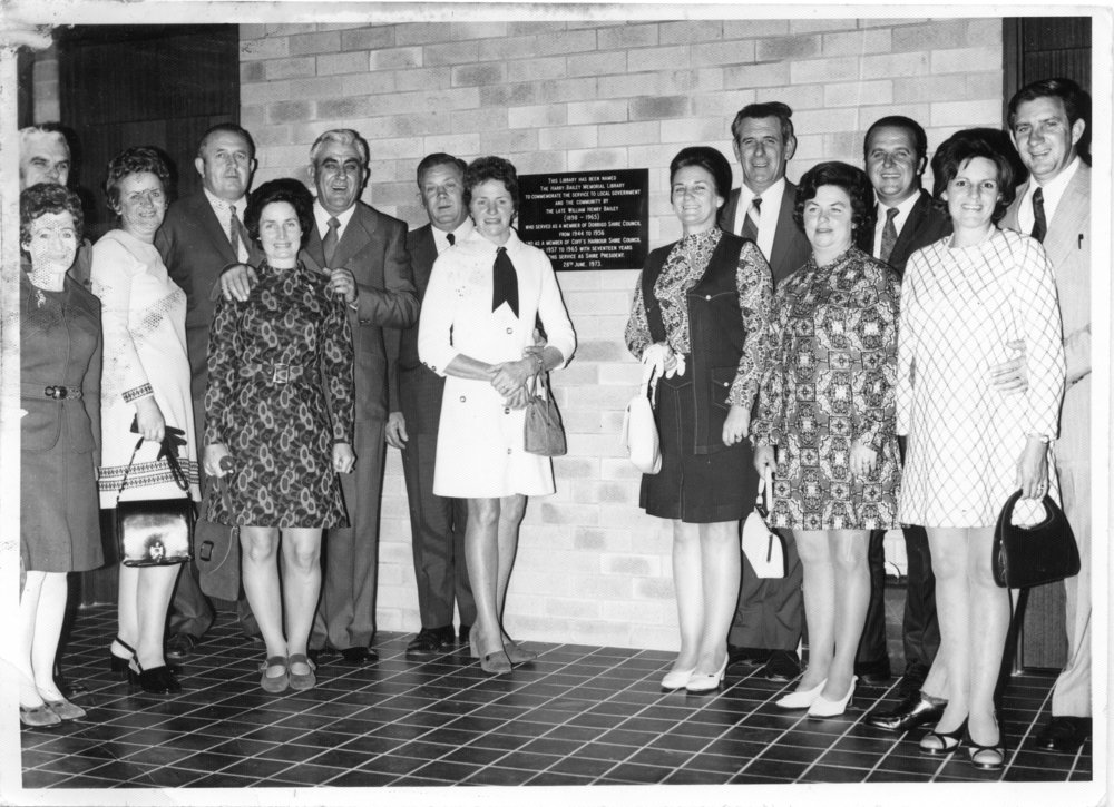 Harry Bailey's family at the official opening of the Harry Bailey Memorial Library, 28 June 1973 