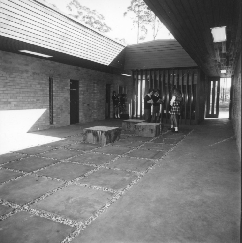 Students standing in a courtyard at Orara High School, 1972
