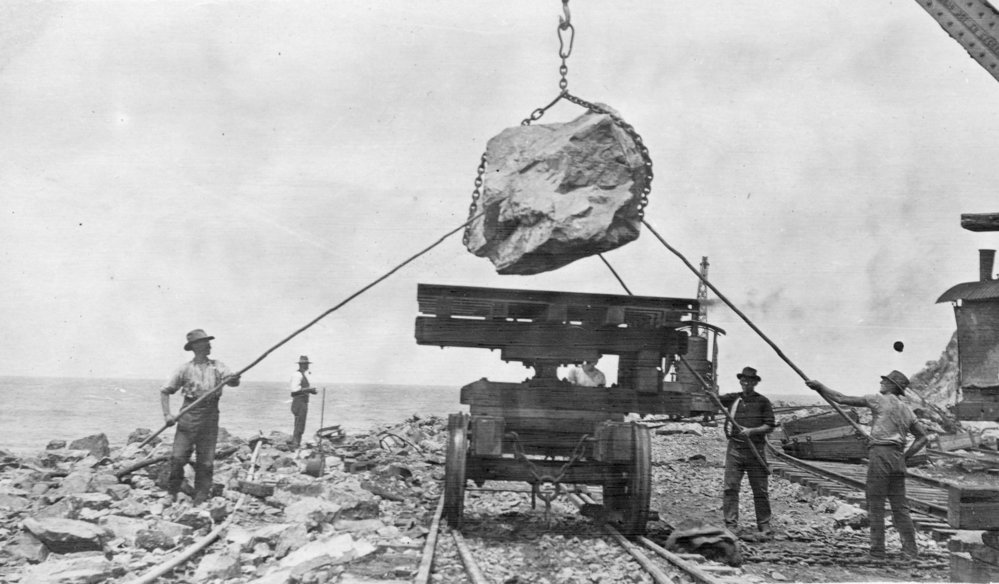 Loading rocks on a tipping wagon at the South Coffs Island Quarry, 1920