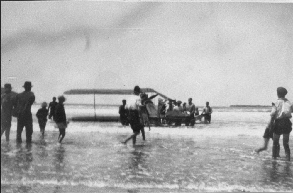 Crashed Gypsy Moth aeroplane at Jetty Beach, c. 1930 