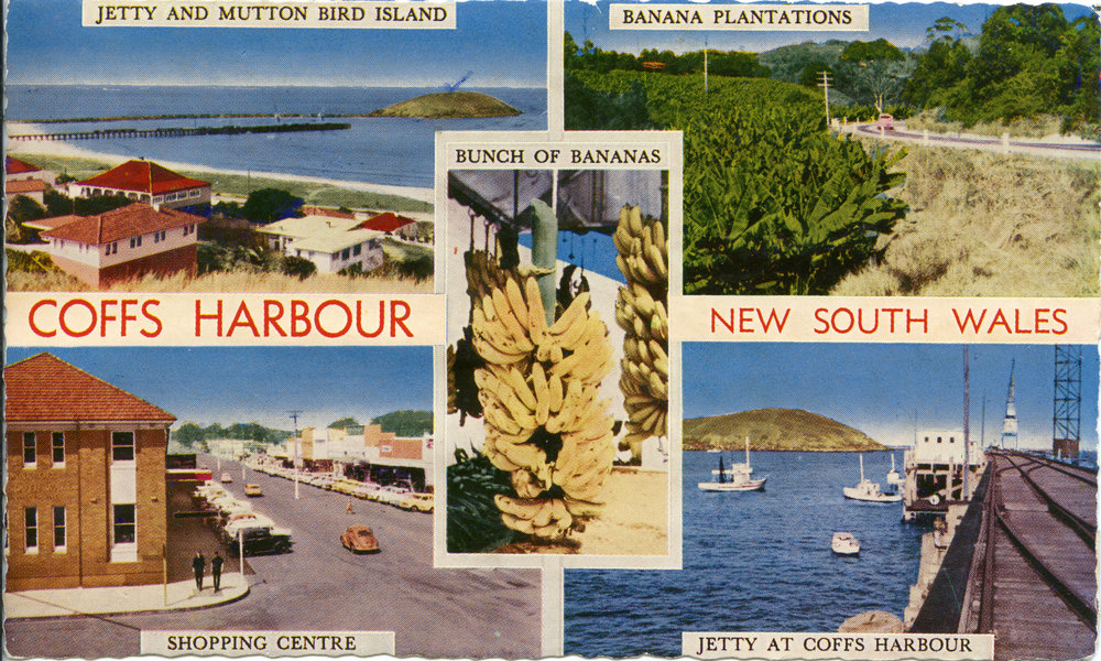 Bunch of bananas, shopping centre, jetty, Mutton Bird Island, c. 1960