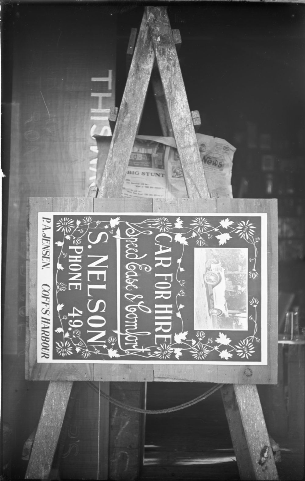 Advertising gas light plate for Nelson's car hire, 1922