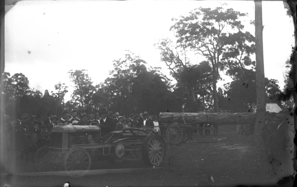A crowd surrounds a log hauling demonstration, 1912
