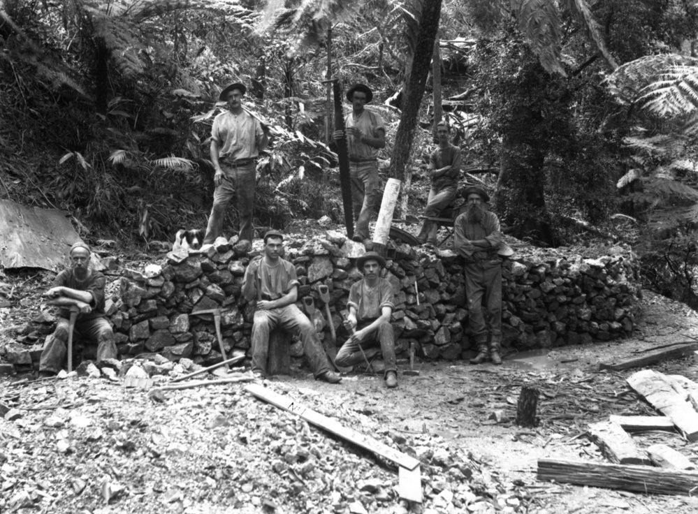 A group of seven miners at Record Reign Mine, 1897