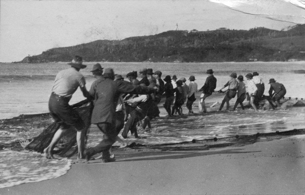 Fishermen pulling in nets on the main beach at Byron Bay, c.1912