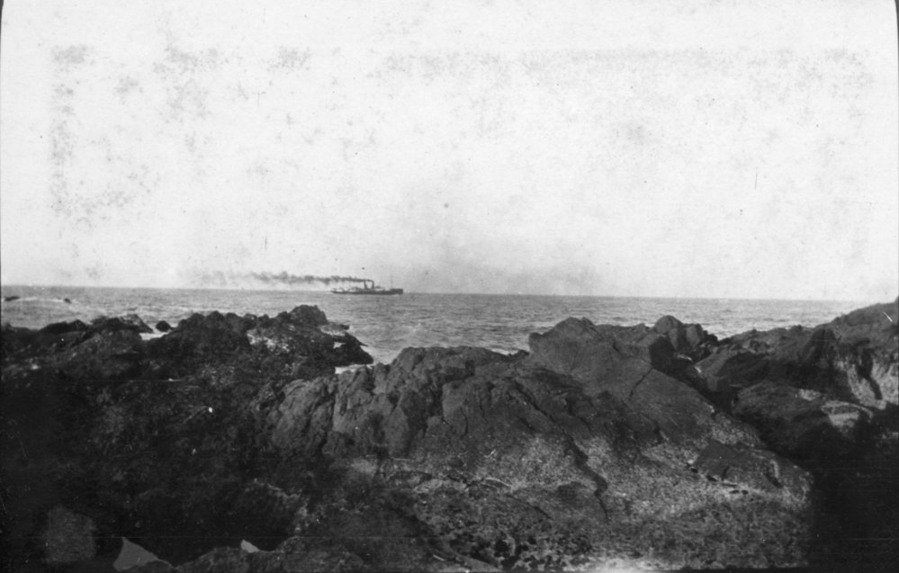 Shoreline with a steamship in the distance, c.1912 